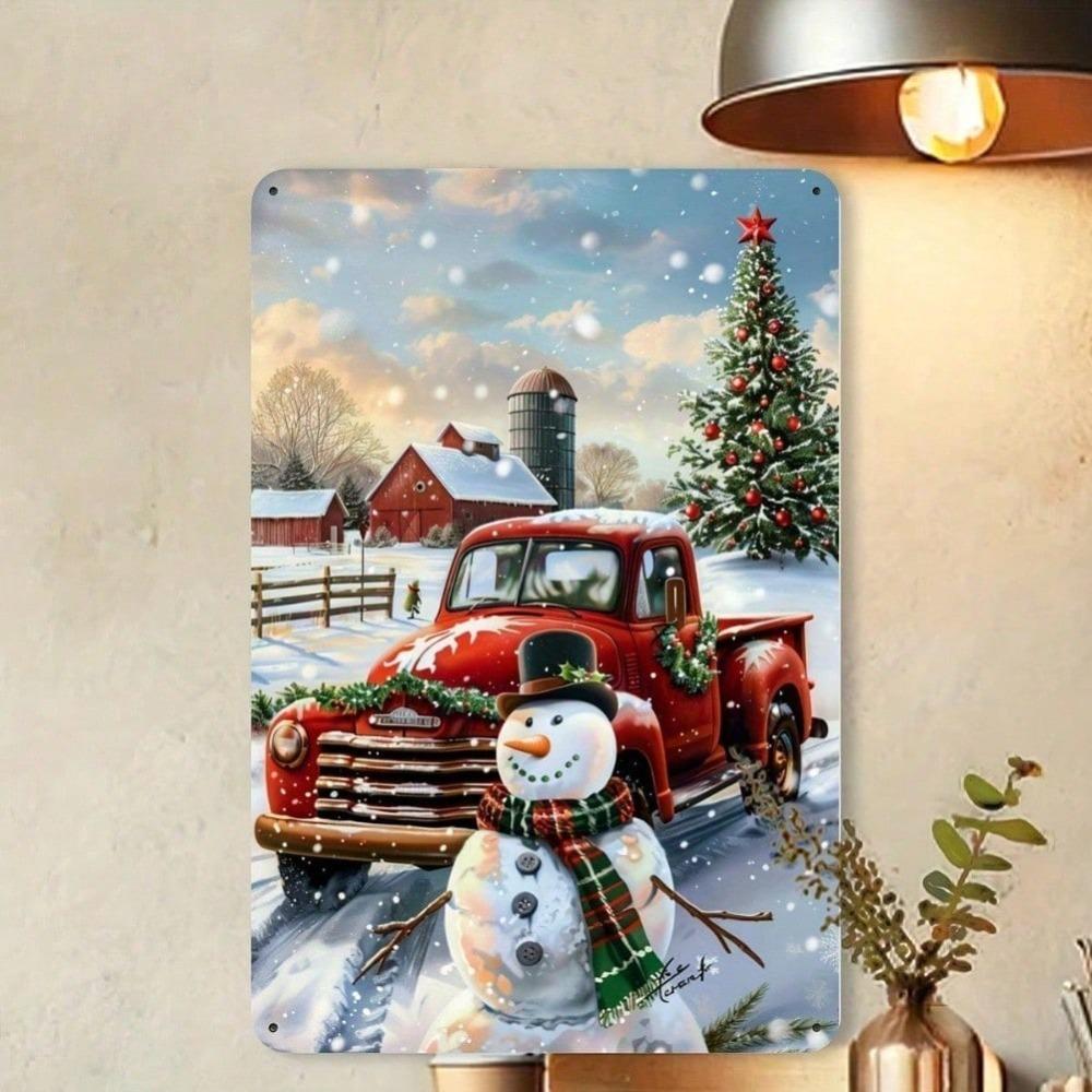 Vintage Snowman and Red Truck Metal Tin Sign, Farmhouse Iron Wall Art for Indoor Outdoor Decor, 8x12 Inch