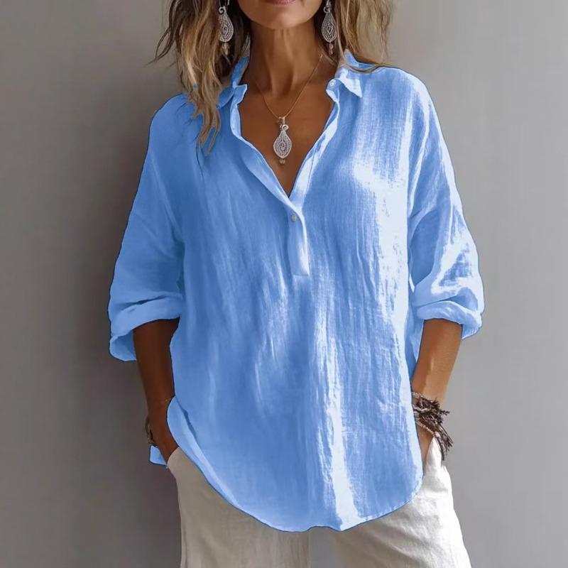 Women's Spring Summer Plus Size Blouse, Solid Color V-Neck Long Sleeve Loose Casual Shirt Top