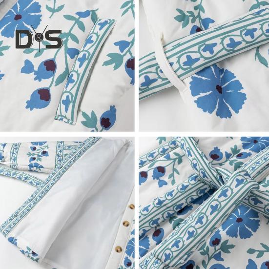 Damen Steppjacke Blumendruck Pufferjacke Langarm Rundhals Button Down Oberbekleidung Mantel mit Gürtel