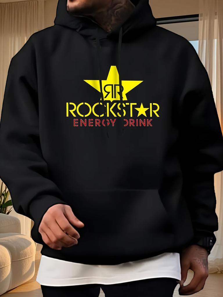 Casual Fleece-Lined Hoodie Sweatshirt with Rockstar Energy Drink Graphic Print