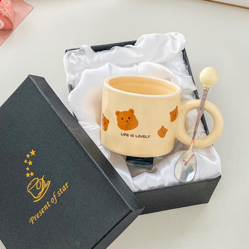 Cute milk fufu bear cup with spoon niche design couple ceramic mug appearance value home breakfast coffee cup
