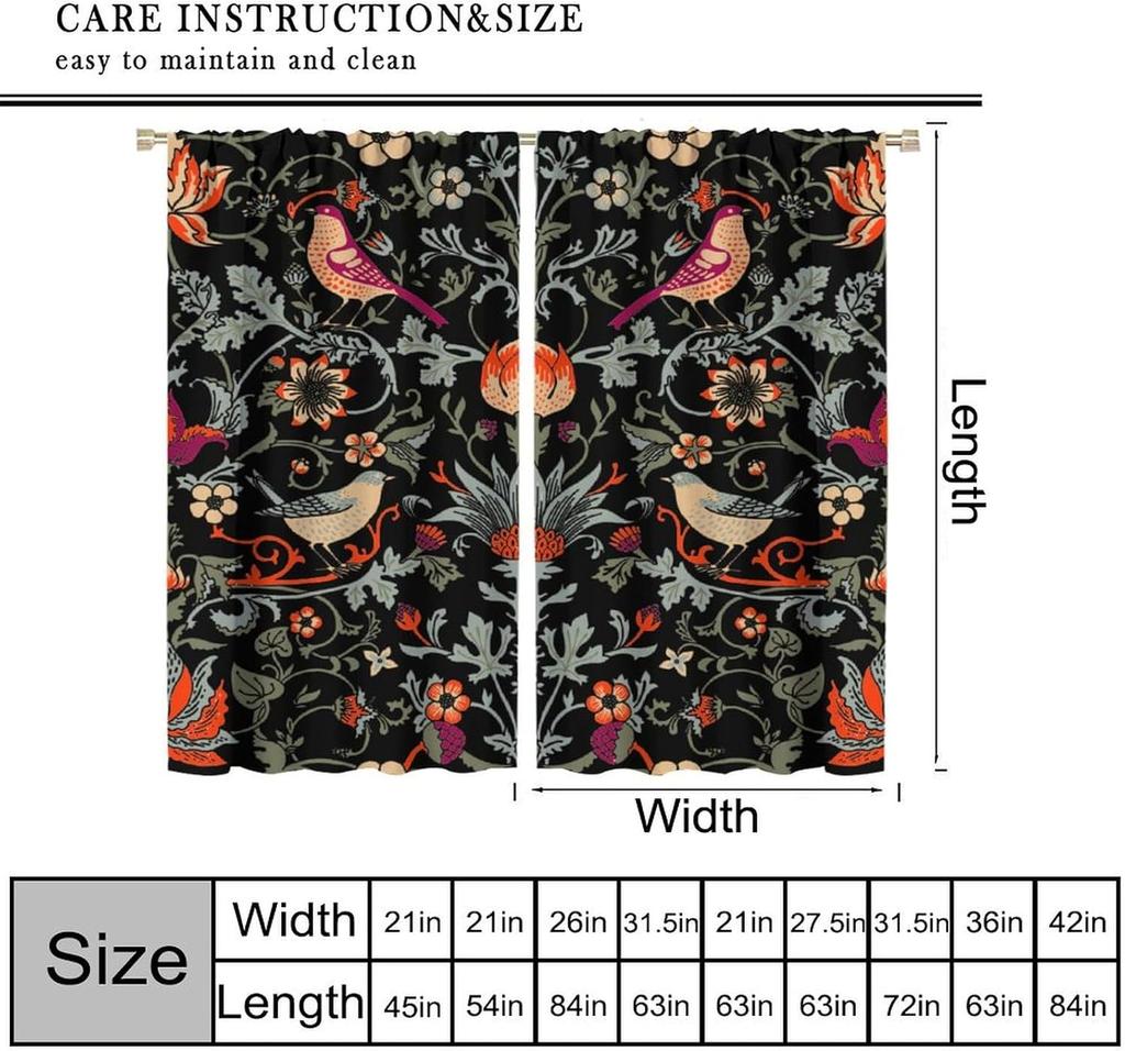 Vintage William Morris Curtains Watercolor Flower Bird Art Style Print Window Treatment Living Room Bedroom Blackout Made Of Polyester Decor