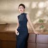 Cheongsam sem mangas xadrez azul marinho feminino 1011 verão novo novo chinês slim longo retro temperamento vestido