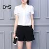 Summer Chiffon Shirt Stand Collar V-neck Petal Short Sleeve Pullover Tops Solid Color Thin Women Blouse Workwear