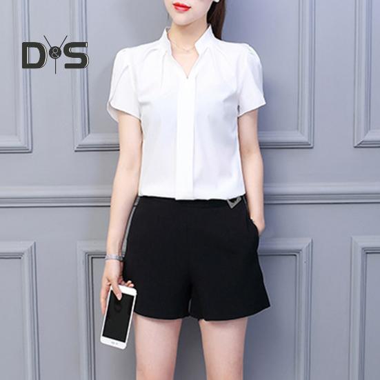 Summer Chiffon Shirt Stand Collar V-neck Petal Short Sleeve Pullover Tops Solid Color Thin Women Blouse Workwear