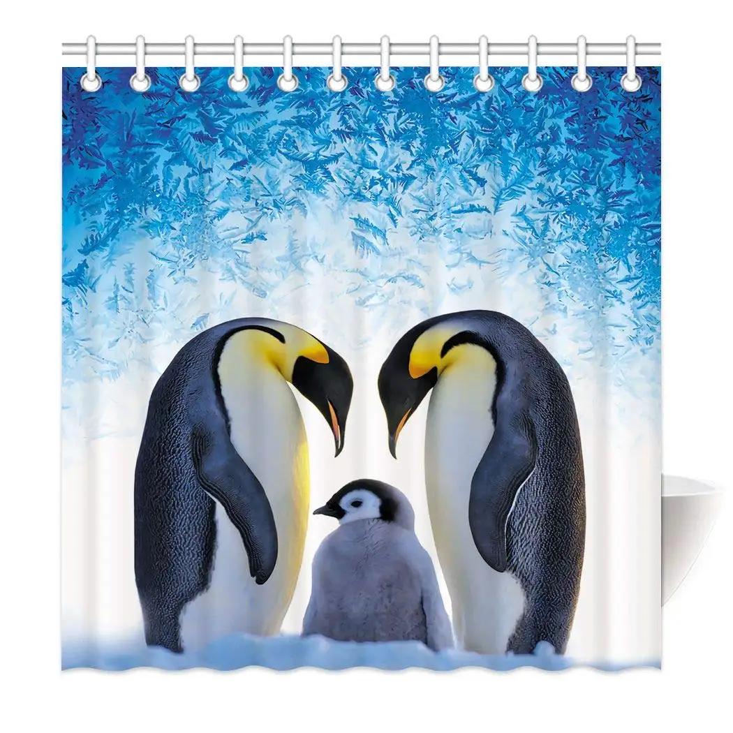 

Cute Penguin Shower Curtain Animals Happy Roaming Antarctic Ice Field Funny Nature Scene Blue White Bath Curtains Hooks Included W60H190(CM)-1 Pcs