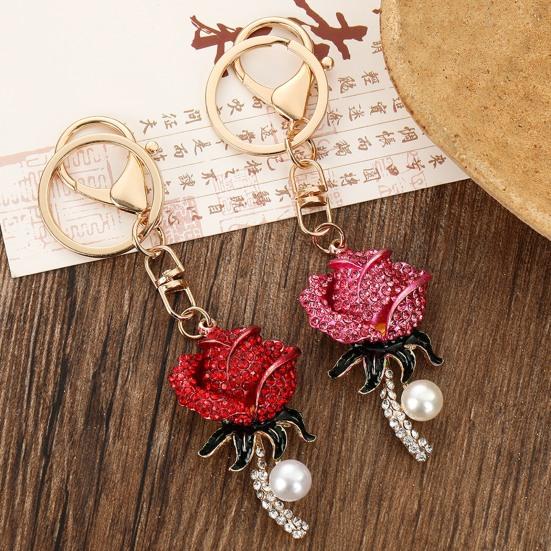 Keychain Pendant Sparkling Rhinestones Inlaid Imitation Pearl Rose Design Key Chain Lightweight Car Bag Decorative Accessory