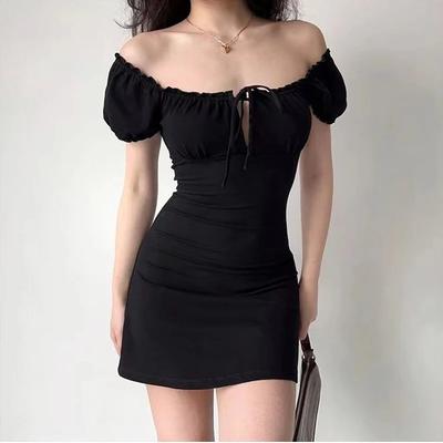 Summer Sexy Mini Dress Women Short Sleeved Lace Up Hollow Casual Backless Folds Bodycon Black Dress Party Elegant A-LINE Dresses
