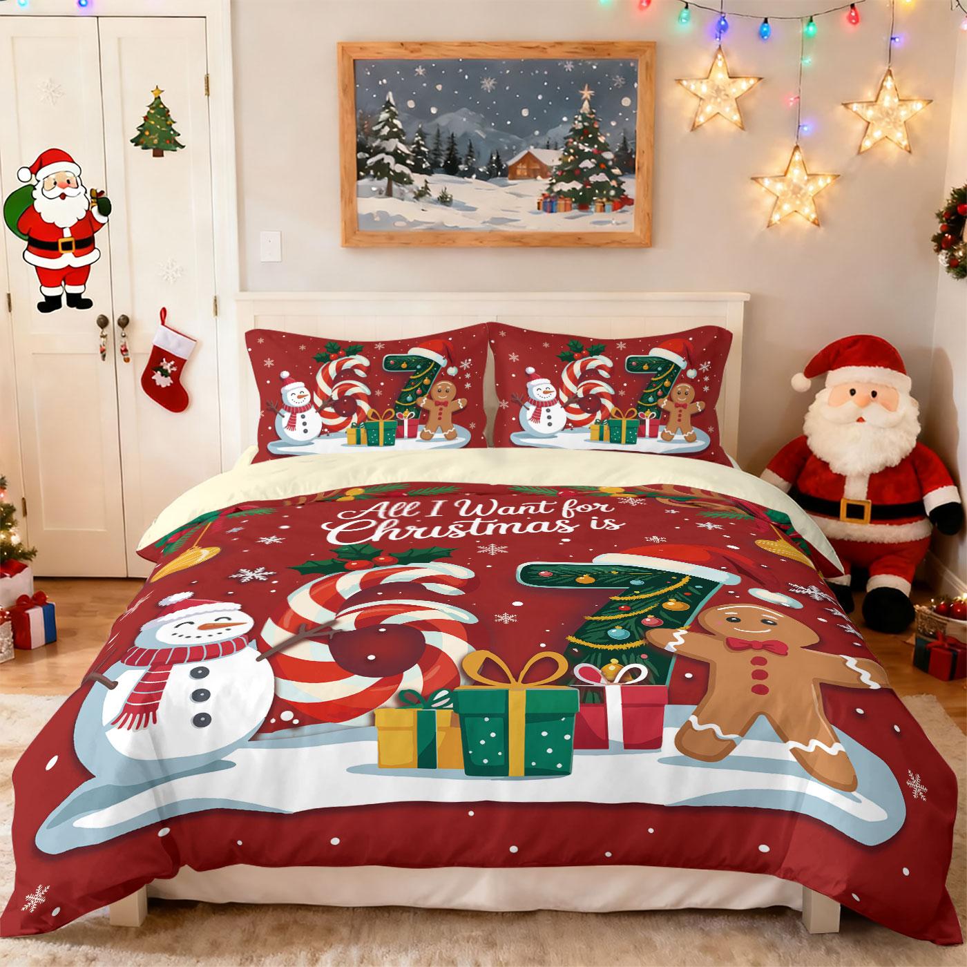 

3pcs Happy Christmas Snowman Gingerbread Man Print Quilt Cover Set Multi Size Bedroom Bedding Decoration Machine Washable 135x200cm-EU-Single&set