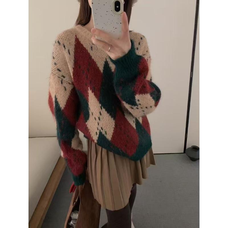 Vintage diamond Christmas knitted pullover sweater women's autumn and winter loose high-end casual round neck lazy wind knitted sweater women