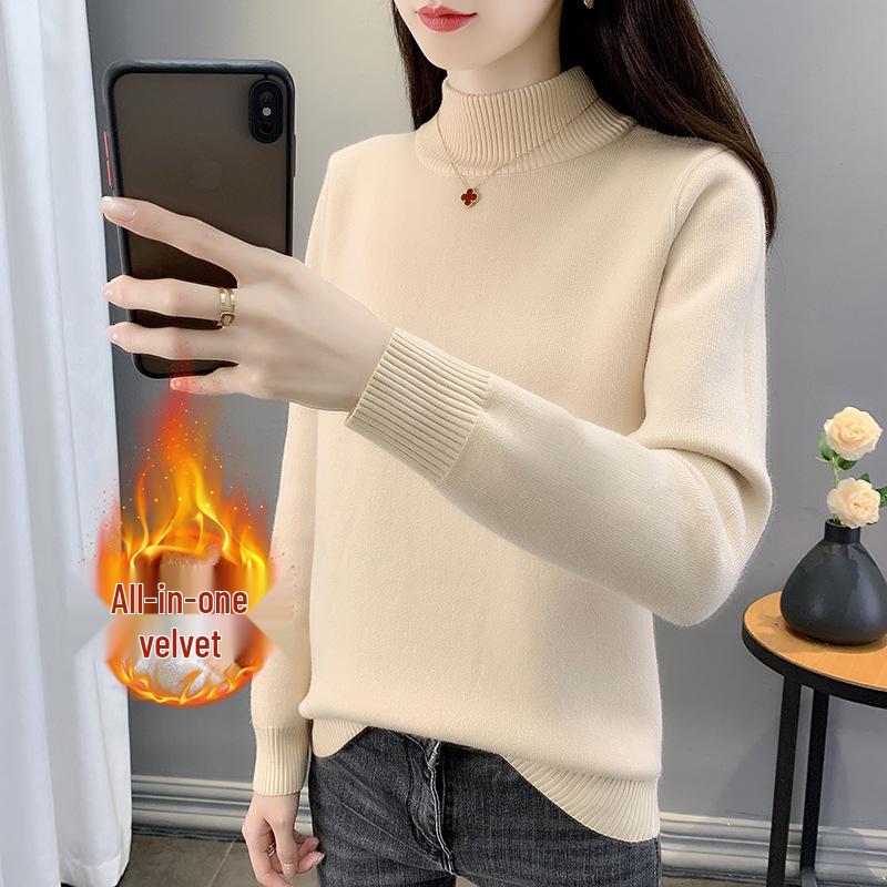 2025 Women's Autumn/Winter Half-High Collar Velvet-Lined Knit Sweater