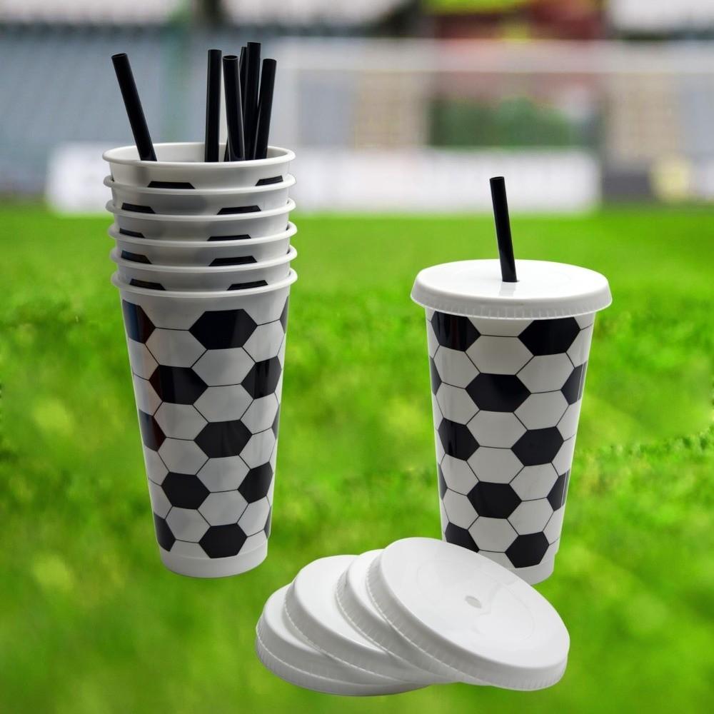 6 Pcs Set 24 OZ Soccer Cups Large Capacity with Lid and Straw Milk Tea Cup Stackable Reusable Coffee Cup