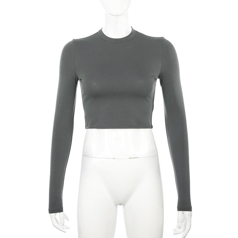 O Neck Solid T Shirt Basic Long Sleeve Women T-shirt Casual Tank Top Slim Female Crop Top Fashion