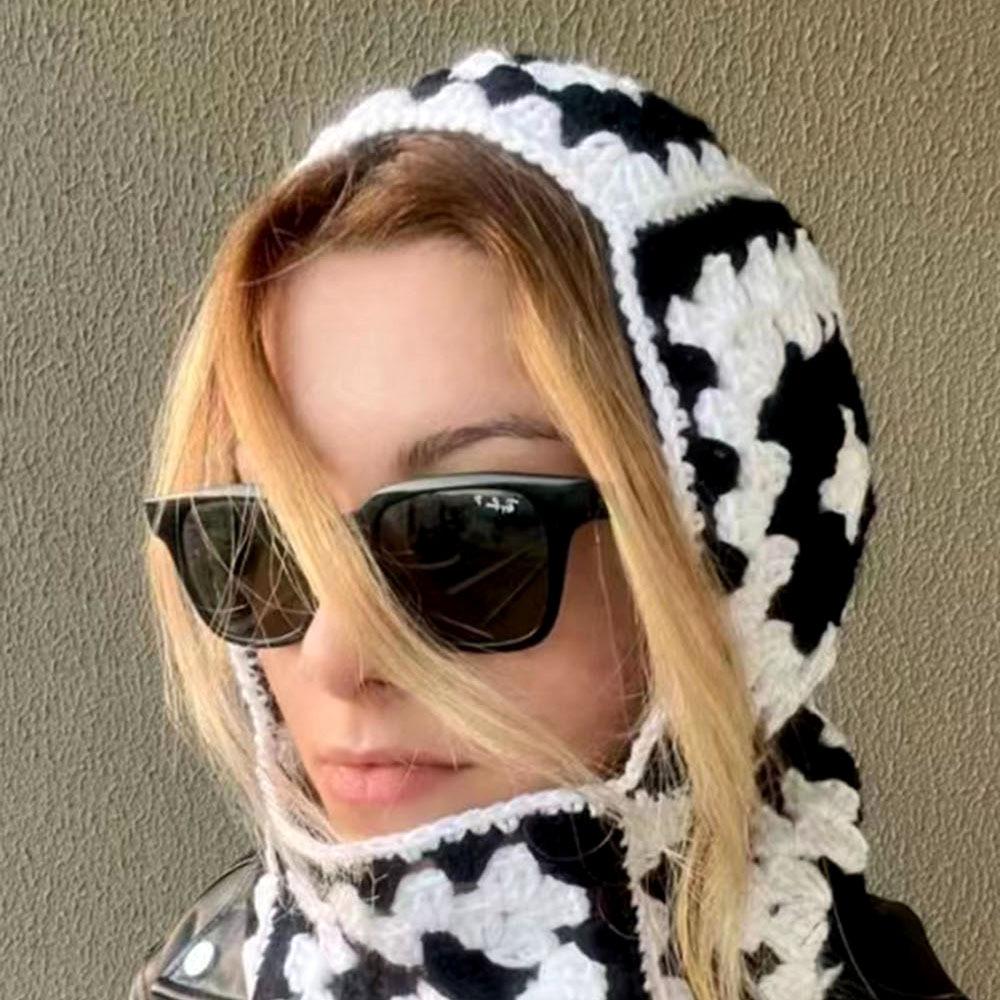 Fashion Designer Halloween Crochet Granny Square Balaclava Hat Women Winter Handmade Hollow Knit Hoodie Beanie Ski Mask