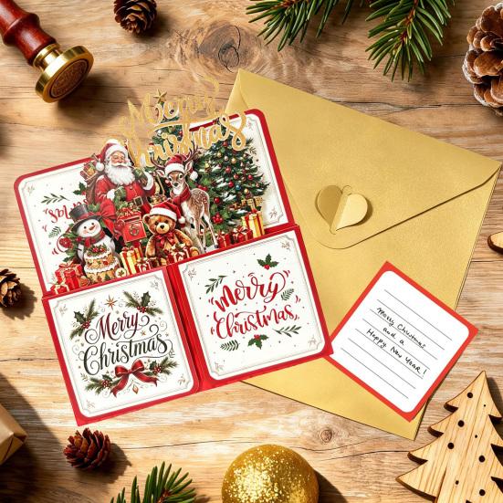 Decorative Winter Holiday Cards Pop Up Christmas Card with Envelope And Note Card, Merry Creative Paper Craft Greeting for New Year, Xmas Party Favors