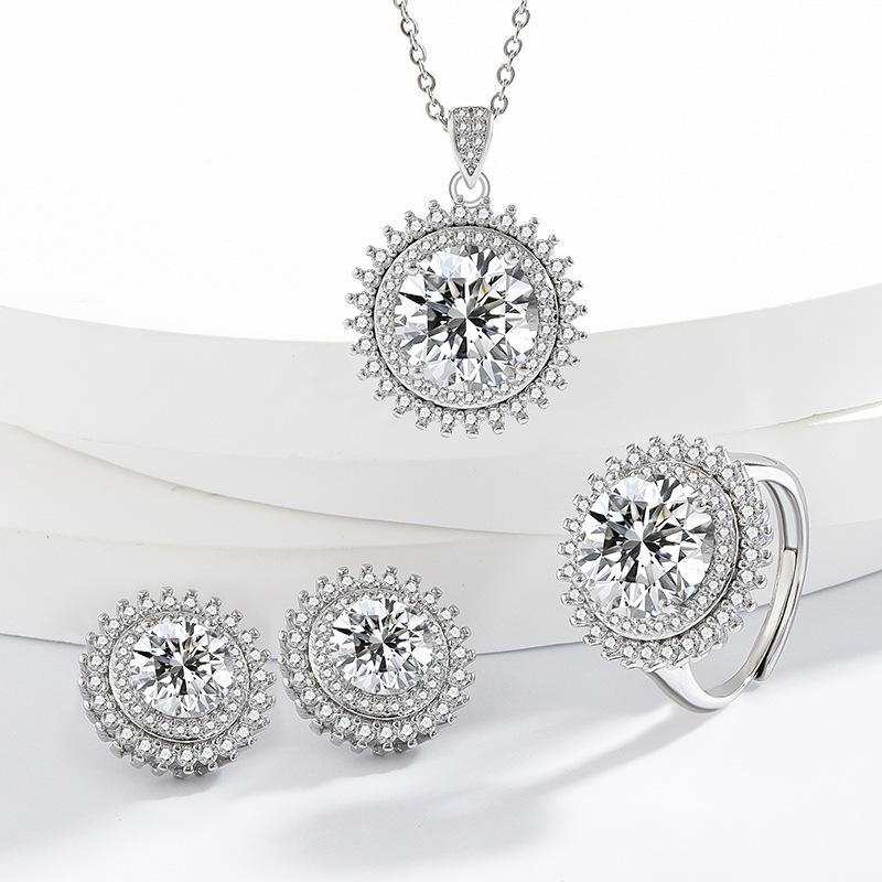 Full Diamond Sunflower 5 Carat Imitation Mozzarella Diamond Plated Ring Necklace Earrings Women s Zircon Set Ring Size:Adjustable