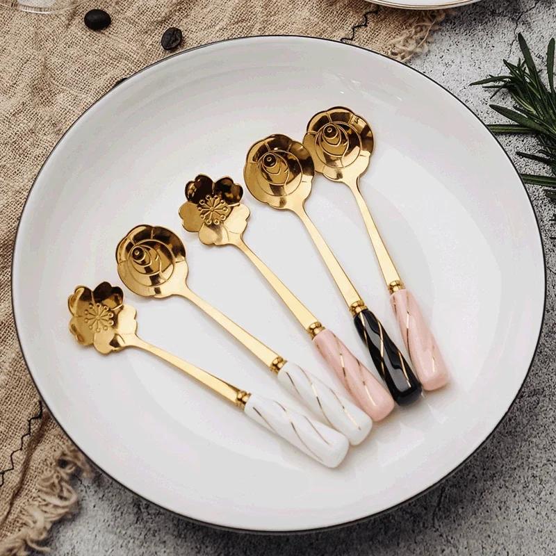 Stainless Steel Vintage Dessert Teaspoons Flowers Design Tableware Kitchen Tools for Tea, Coffee Mixing and Drink Tableware