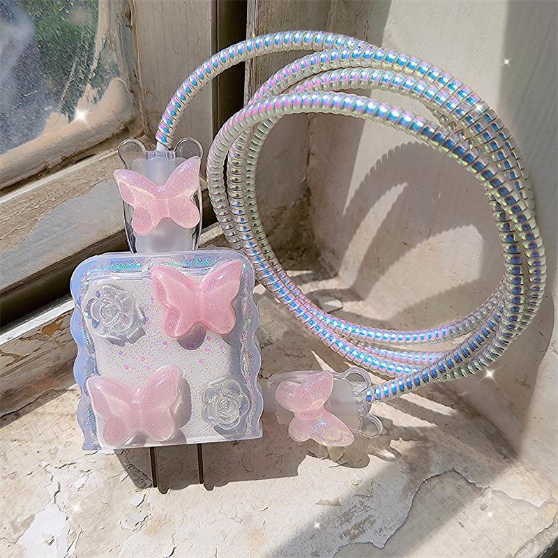 Data Line Bite Accessories for IPhone 18/20w Pink Crystal Butterfly Iphone Cable Protector Protective Cable Cover RXQ06