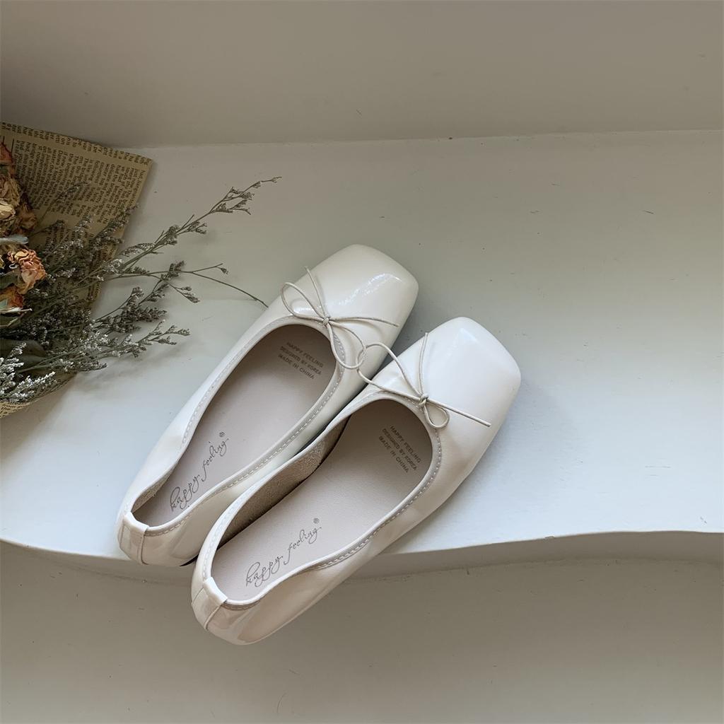 Fashion Japanned Square Toe Bowtie Ballets Shoes Ladies Soft Roll-Up Flats Loafers Barefoot Mocassines Woman Slip On Office Dress Shoes