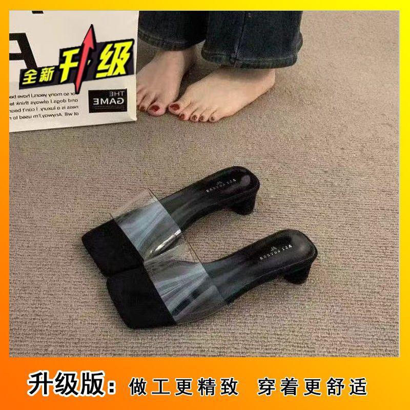 2025 Summer and Autumn New Square Head Thick Heel Silver Sandals Women's French High-end Transparent with Cool Slippers Outer Women's Shoes