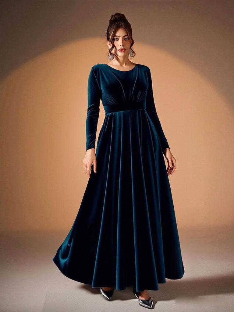 Plus Size Women's Gold Velvet Pleated Evening Gown, Long Sleeve Dress (2026 Collection)