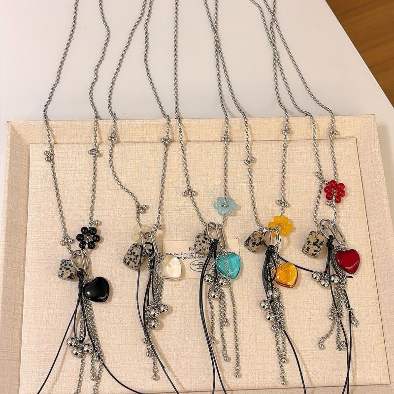 Stained Stone Heart Pendant Long Necklace Sweater Chain Women's Personalized Versatile Collar Chain Accessory