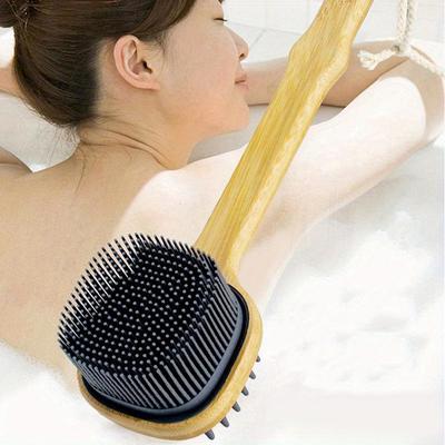 Perie de duș cu peri naturali, scrubber pentru spate, cu mâner lung detașabil din lemn, exfoliant pentru pielea uscată, masaj corporal, instrument de curățare