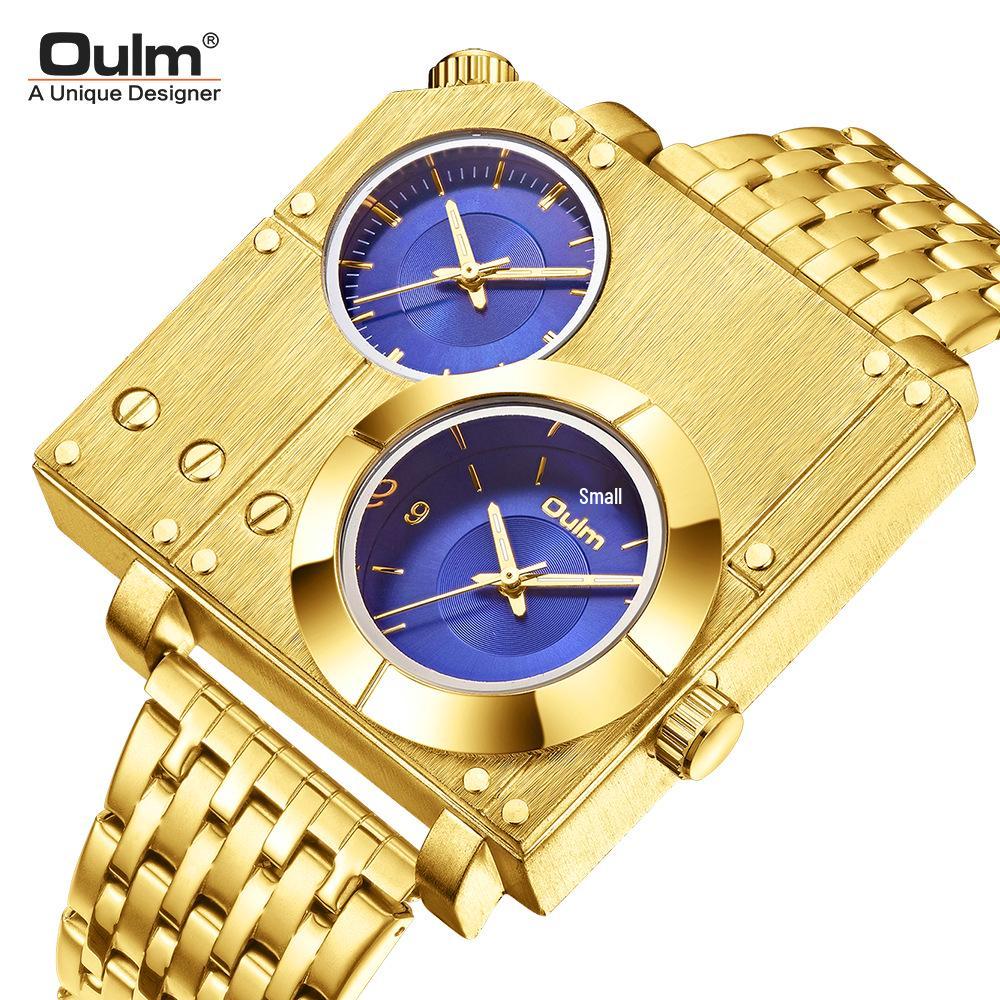 Oulm Men's Dual Time Zone Large Dial Quartz Watch with Steel Band, Gold, Hot Seller