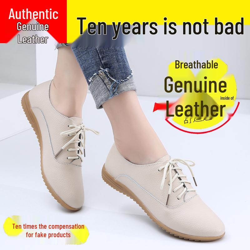 White Women's Genuine Leather Sneakers - Soft Sole, Casual Flat Shoes for Spring 2025