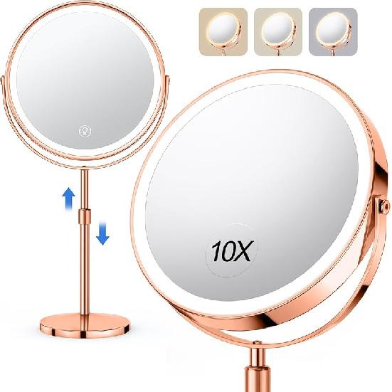 Lighted Makeup Mirror, Rechargeable Height Adjustable Double Sided, 1x/10x Magnifying with 3 Color, Brightness Adjustable, 360° Rotation Vanity,