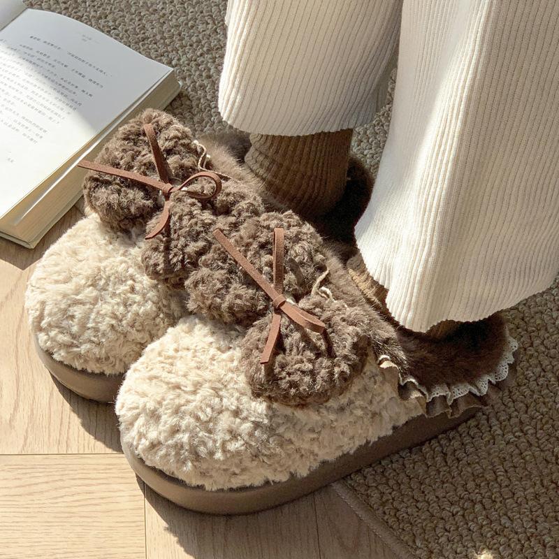 New bow cotton slippers winter velvet warm fluffy slippers indoor thick bottom heightening non-slip can be worn outside