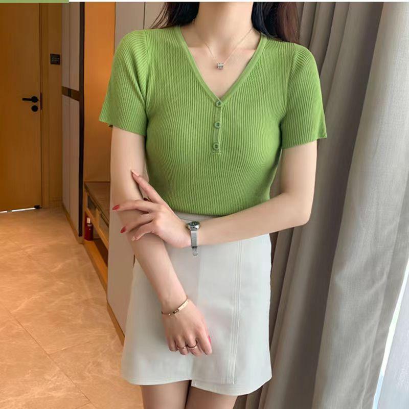 Women Summer V-Neck Short Sleeve Knitted Thin Sweater Shirt Top Short Sleeve Slim Bottoming Button Inner Outer Wear Solid Color