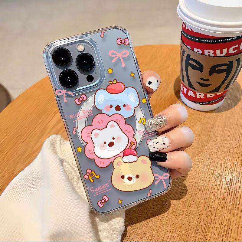 Transparent Magnetic Phone Case with Cute Animals for Apple 17 Promax