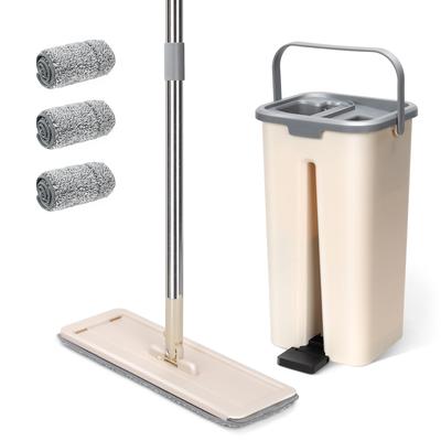 Masthome Floor Mop with Mop Floor Wet and Dry Floor Cleaning 3 Replacement Pads Space Cleaning Beige Bucket, 360° Rotation, Wiper, Use, Wiping, Mop,