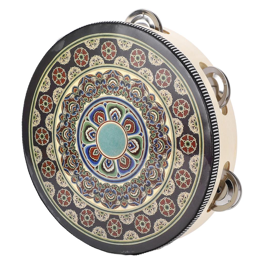 Hand Held Wood Tambourine 8 Inch Jingles Musical Educational Instrument for Adult and Children Black Flower