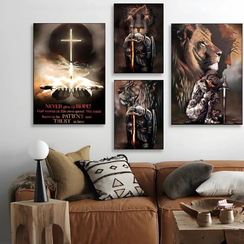 Christian Wall Art Bible Jesus Christian Lion And Warrior Poster Paper Print Home Bedroom Entrance Cafe Art Painting Decoration