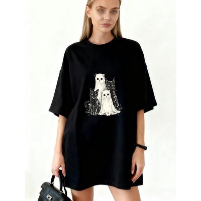 T-shirt Oversize Stampa Gatti Neri e Fantasmi Streetwear Casual per Donne