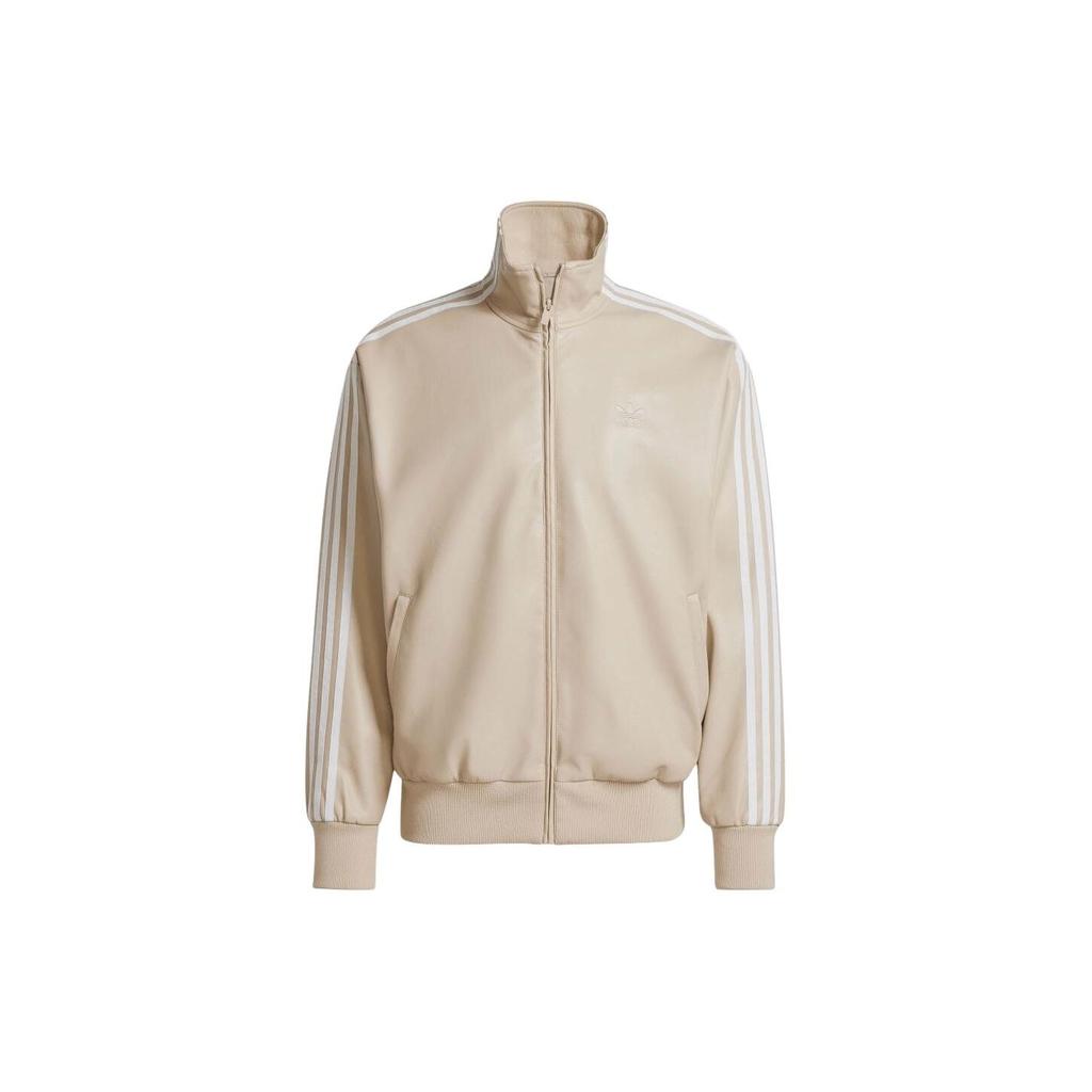 Adidas Originals Adicolor Series Three-Stripe Stand Collar Zip Logo Synthetic Leather Jacket Men Jacket Beige IZ4036