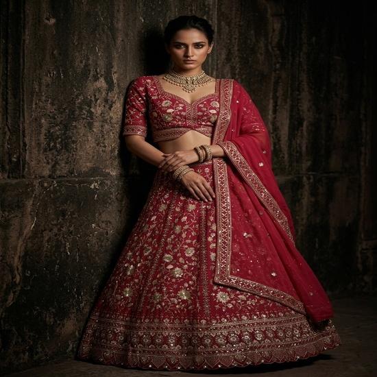 Women s Bridal Embroidered Semi-Stitched Lehenga Choli Set with Net Dupatta & Zari Work FREE SIZE