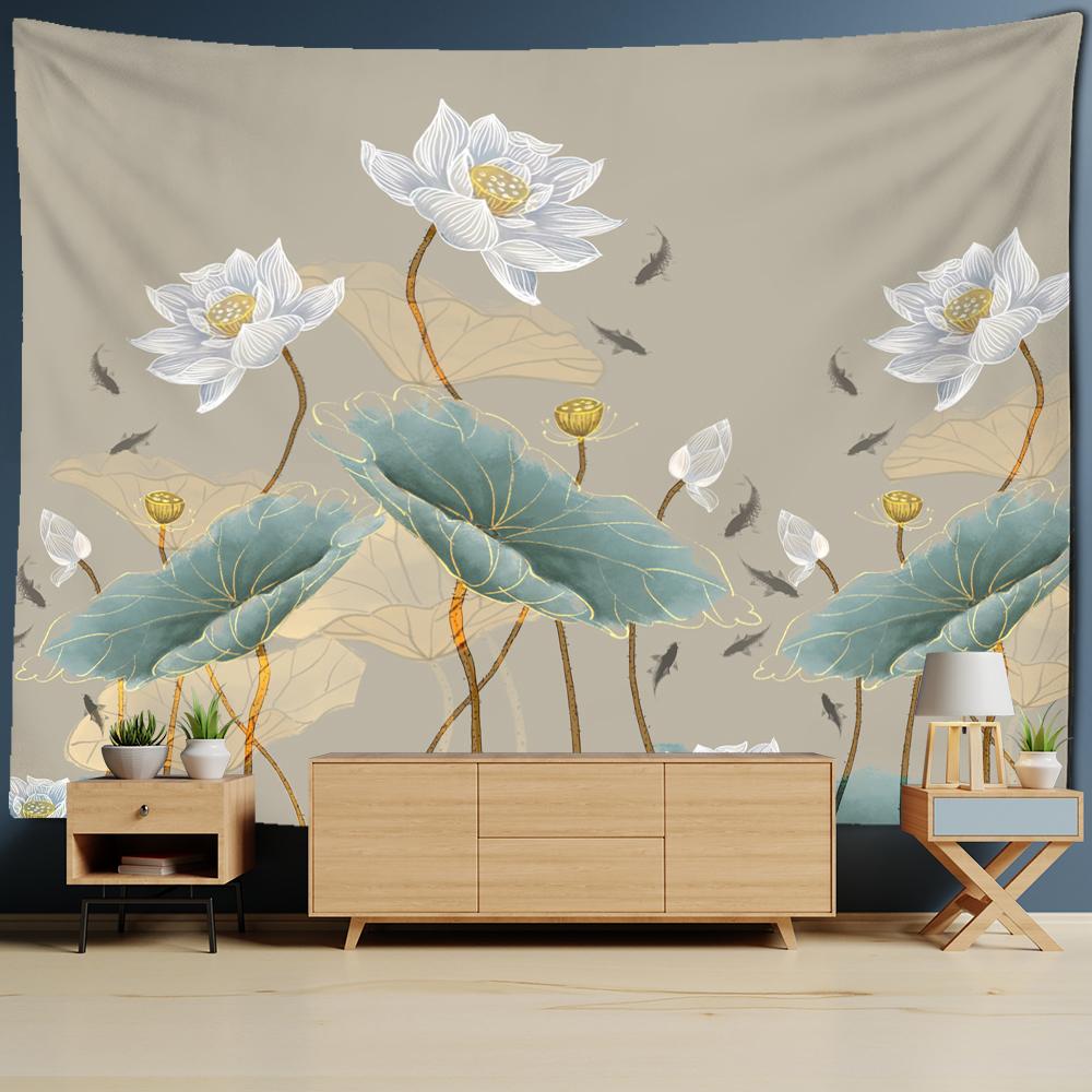 Tapiserie murală de fundal cu pește de lotus, perete în stil boem, artă psihedelică, estetică minimalistă, agățat de perete pentru cameră