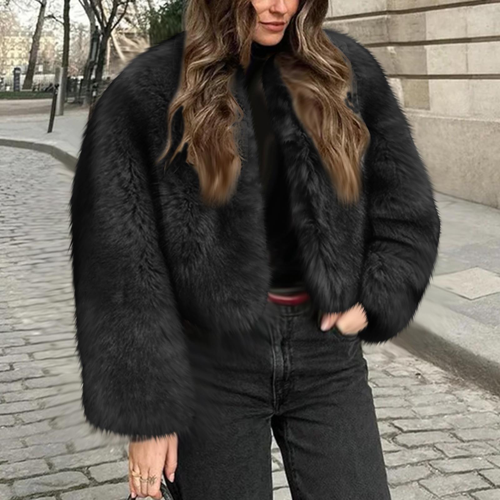 

Women s Fashionable Warm Long Sleeve Solid-Color Furry Coat XL чёрный