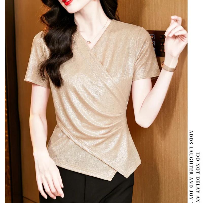 Summer Women's European Clothes T-Shirt Temperament Cross V-Neck Tops Streetwear Female Short Sleeve Slim Trendy Tees