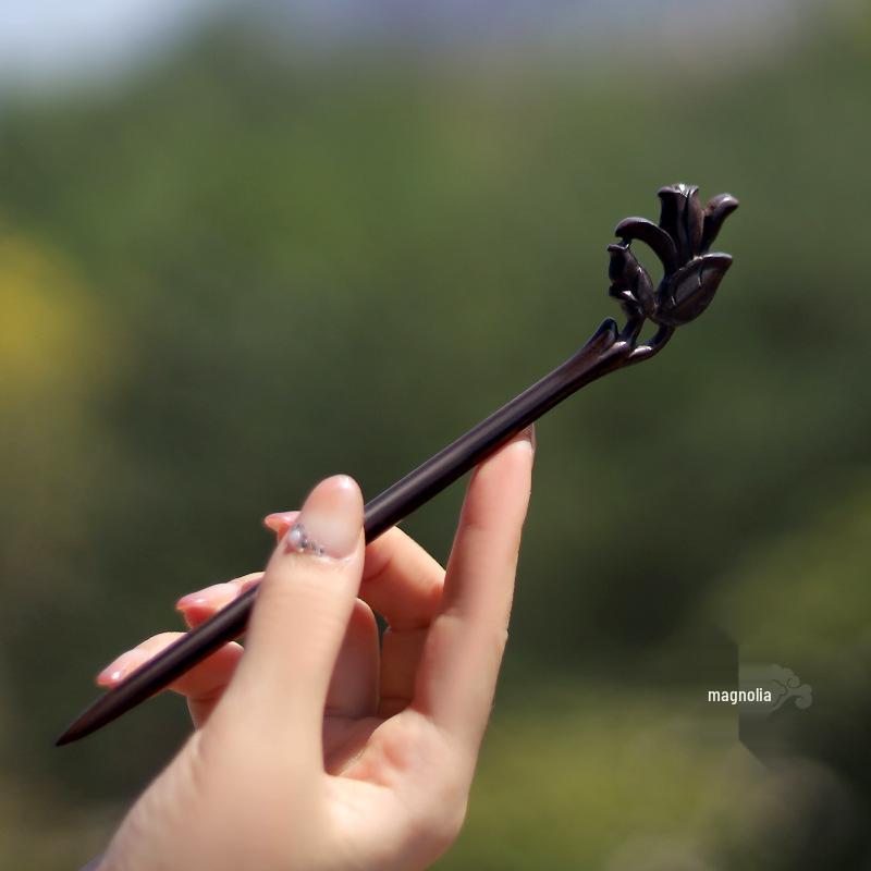 High-End Natural Ebony Wood Hairpin - Extended Chinese Ancient Style Black Hair Bun Accessory