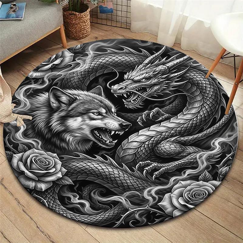Sketch Armor Dragon Wolf Truck Round Area Rug,Carpet Rug for Living Room Bedroom Sofa Playroom Decor,Non-slip Floor Mat
