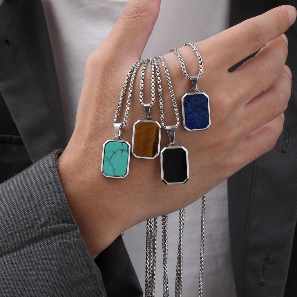 Trendy Pendant Necklaces for Men Boys Square Natural Stone Stainless Steel Necklaces  New Hip Hop Cool Jewelry Gifts