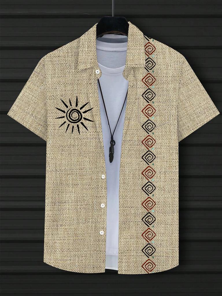 [Printe Esign-Not Texture] Summer Short Sleeve Shirt for Men with Sun Pattern, Button, Turn- Collar, Regular Fit, Fashionable Sports Casual Vacation