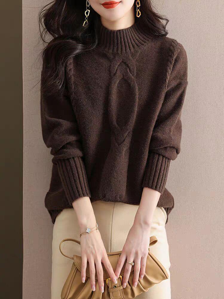 Women's Twisted Cable Knit Sweater - Half-High Neck, Lazy Style, Solid Color, Warm Base Layer for Autumn and Winter.