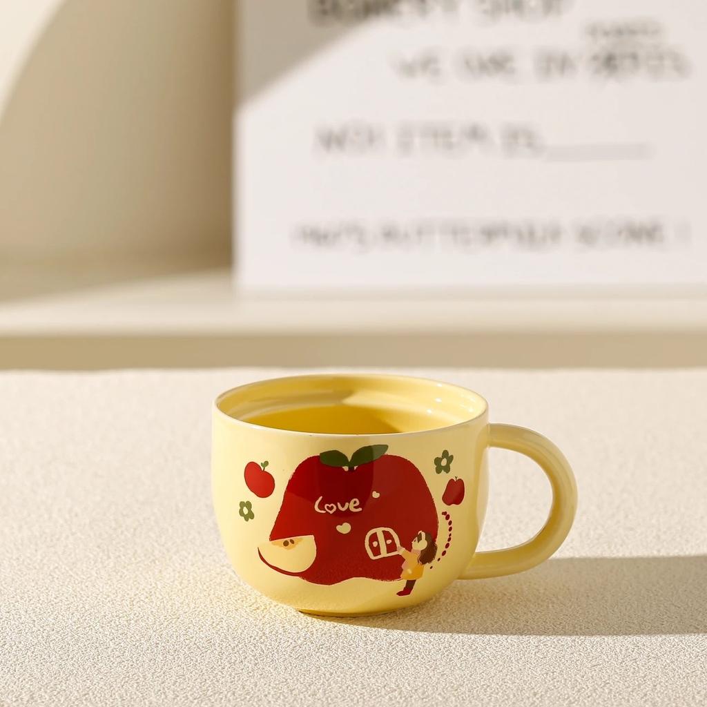 Niedliche Apfel-Keramiktasse mit Deckel Löffel Geschenkbox Kreative Haushalts-Wassertasse für Mädchen Super süße Souvenir-Geschenktasse