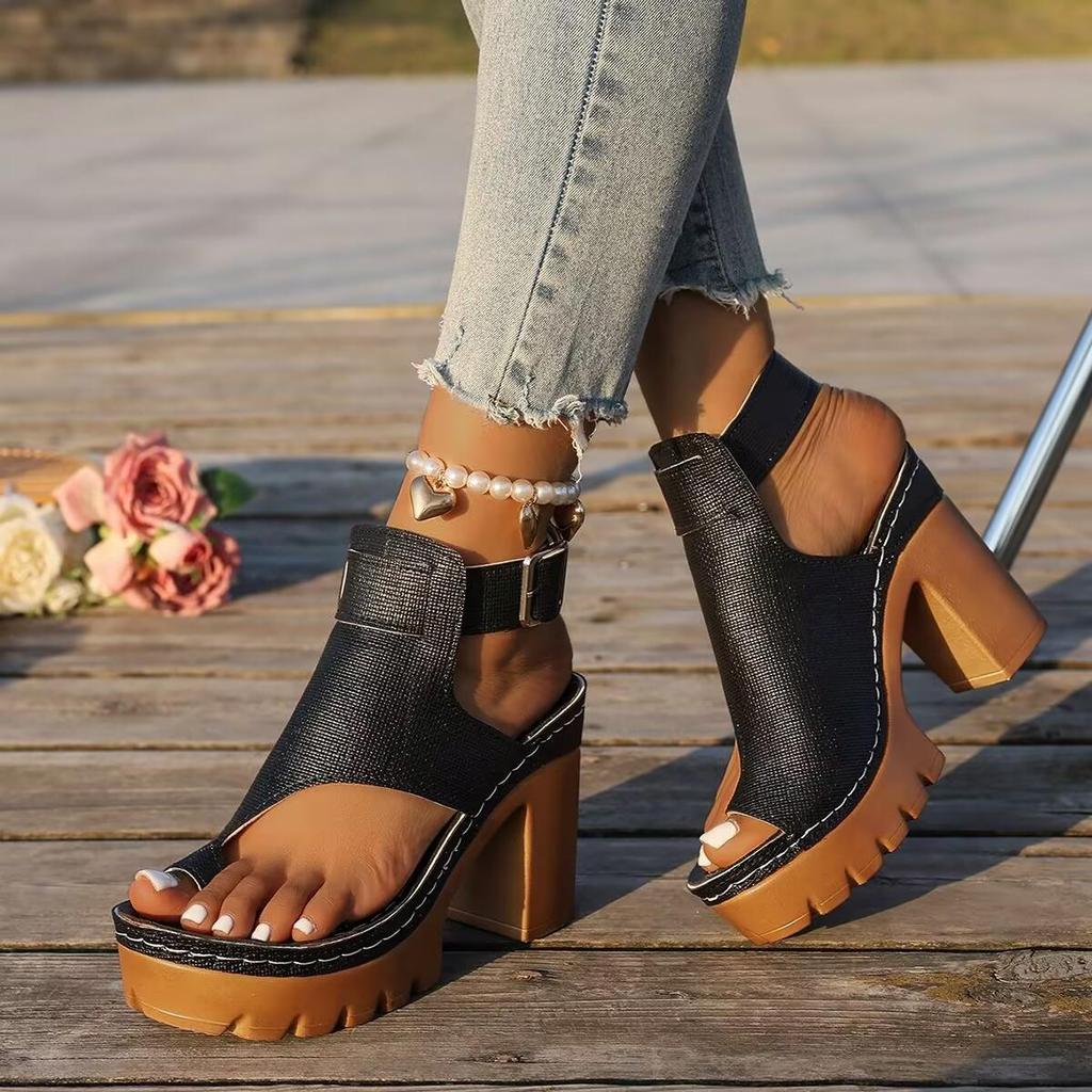 2026 Chunky Heel Women's Sandals: European & American Thick-Soled, Toe-Covering, Buckled High Heels for Summer