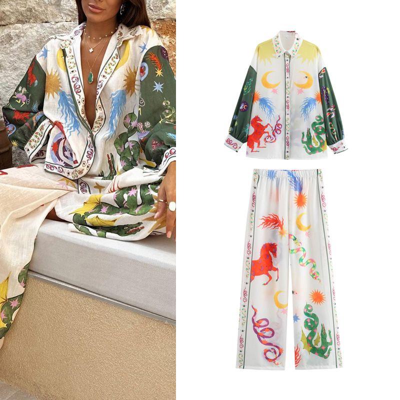 Spring New Women's Clothing Fashion Trendy Bohemia Lapel Long Sleeves Print Shirt High Waist Straight-Leg Pants